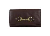 Brown leather wallet with gold buckle on a white background